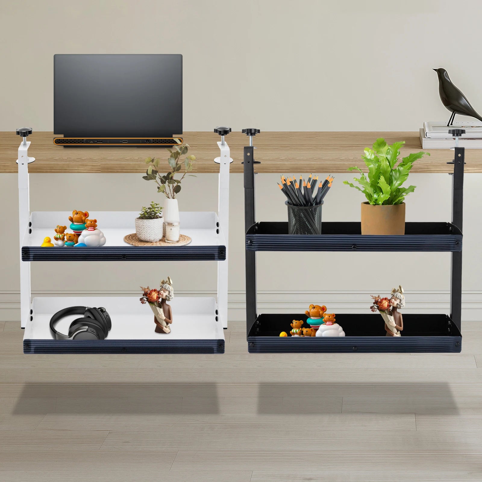 Adjustable 2-Tier Desk Shelf Clamp-On Storage Tray for Displaying Photos Decorations Clip-On Desk Organizer Shelf
