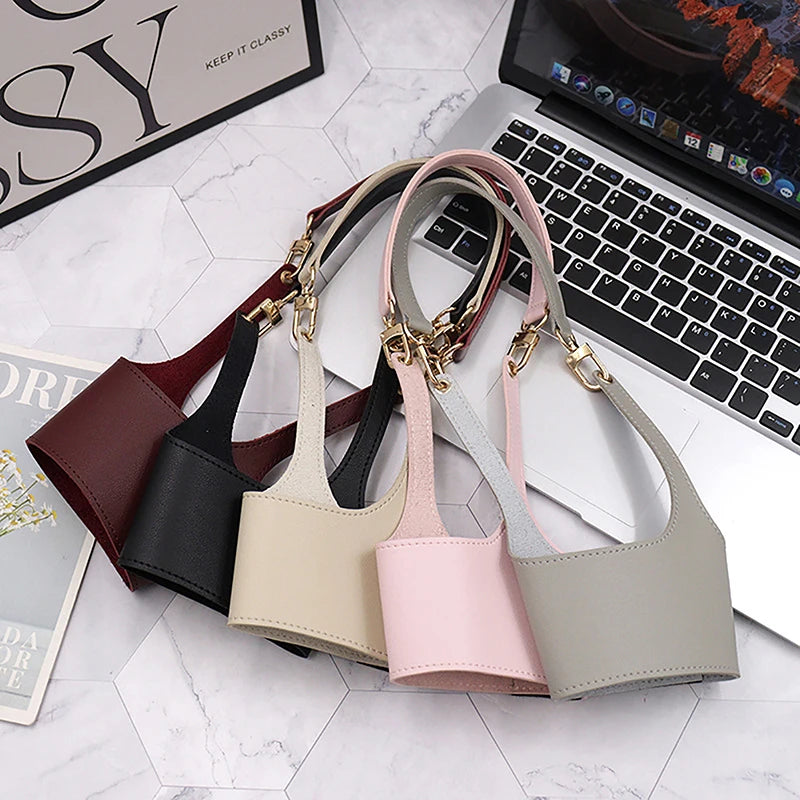 Portable Leather Cup Cover Pouch Water Bottle Sleeve Bag Leather Carrying Strap Insulating Cups Milk Tea Coffee Cups Accessories