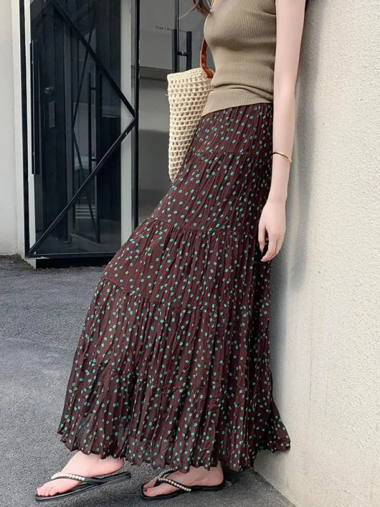 Spring Summer Korean Fashion Brown Dot High Waisted Vacation Long Skirt Women Vintage Elegant Versatile Pleated Skirt Streetwear