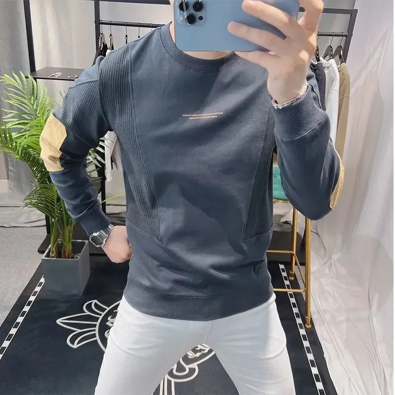 Slim Fit Black Hoodieless Sweatshirt for Men Round Neck Pullover White Male Clothes Crewneck Emo High Quality S Luxury Cheap Top