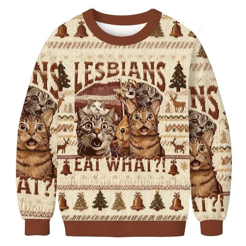 Funny Christmas Ugly Sweatshirt Men's Cat Printed Autumn Long Sleeve O-Neck Chic Pullover Holiday Colorblock New Year Clothing