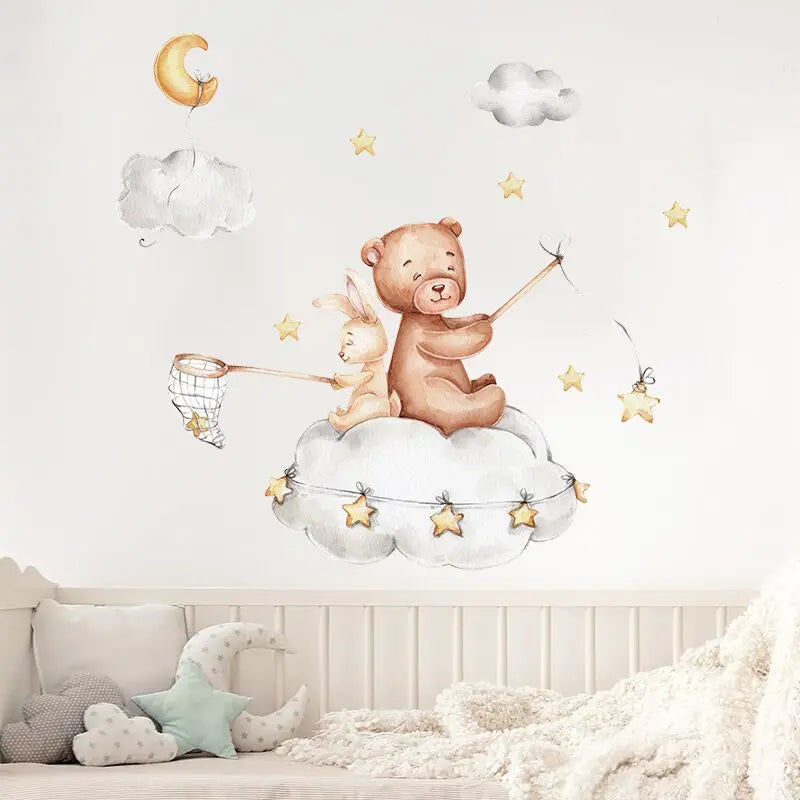 Cute Bear Moon Star Wall Stickers for Kids Rooms Girls Boys Baby Room Decoration Kawaii Cartoon Animal Nursery Wallpaper Vinyl