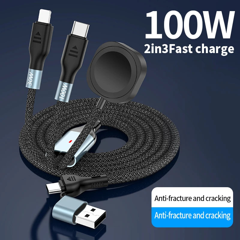Portable 3 in 2 USB+Type C Magnetic Watch Wireless Charger Charging Date Cable For iPhone 16 Pro Max iWatch 8 Ultra 7 6 SE 5 4