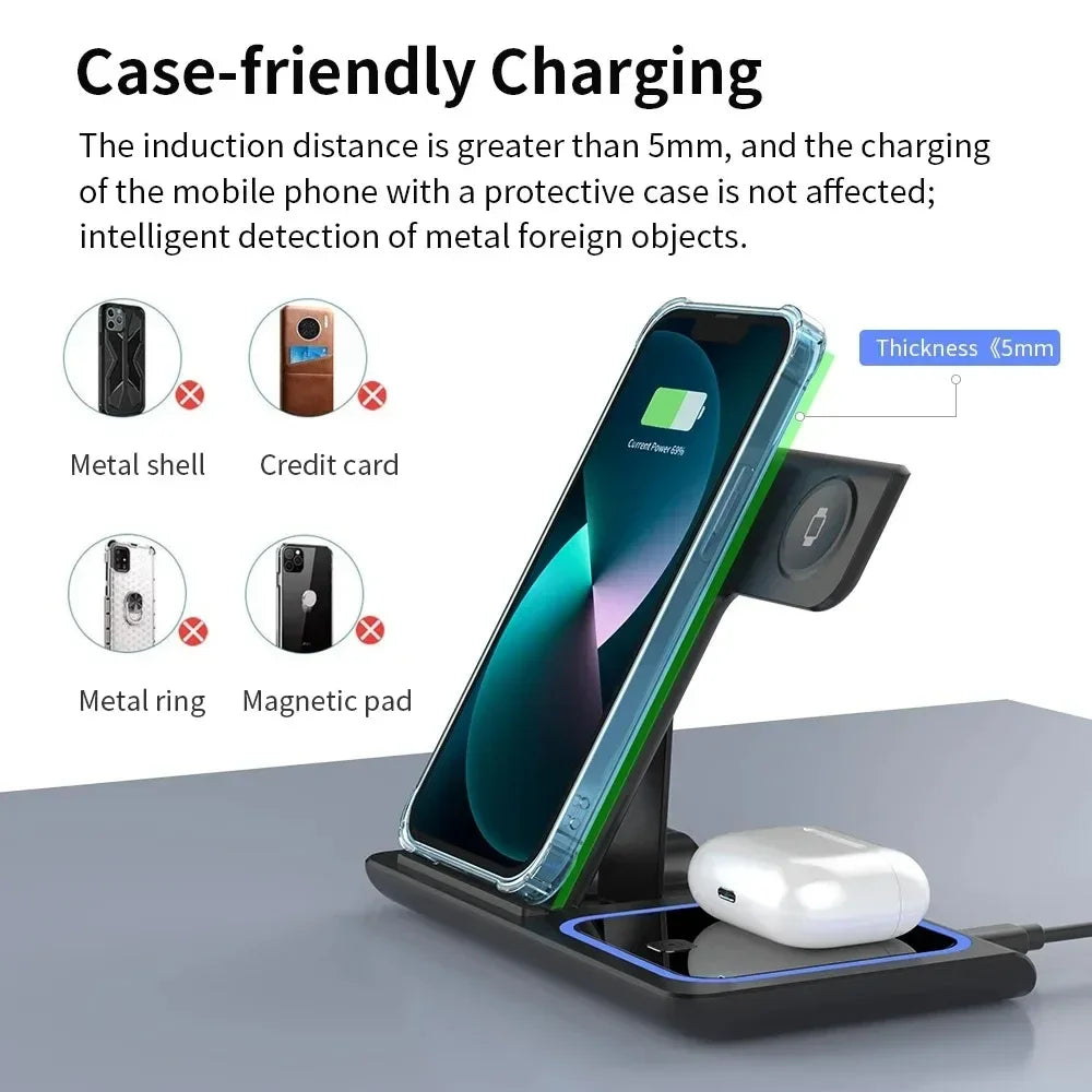 Dock Station Charge Foldable Wireless Charger Stand 3 in 1 LED Wireless Charger