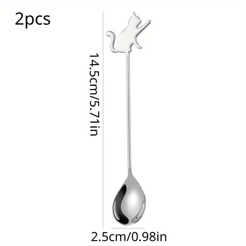 2pcs, Dessert Spoon, Stainless Steel Coffee Spoon, Cute Milk Spoon, Kawaii Cat Stirring Spoon, Reusable Ice Cream Spoon