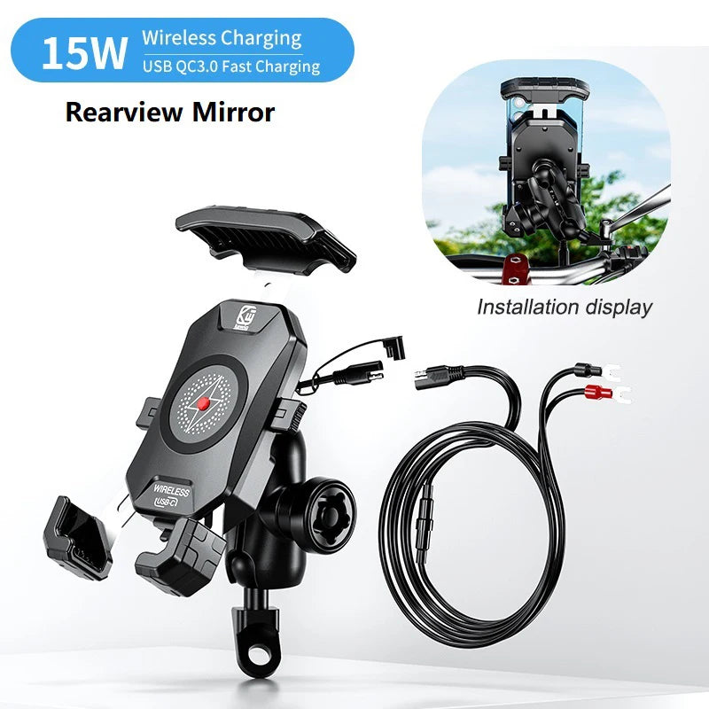 2022 Upgraded 12V Motorcycle Phone Holder 20W Type C PD Quick Charger 15W Wireless Charger Cradle Holder for 4.0-7.0" Cellphone