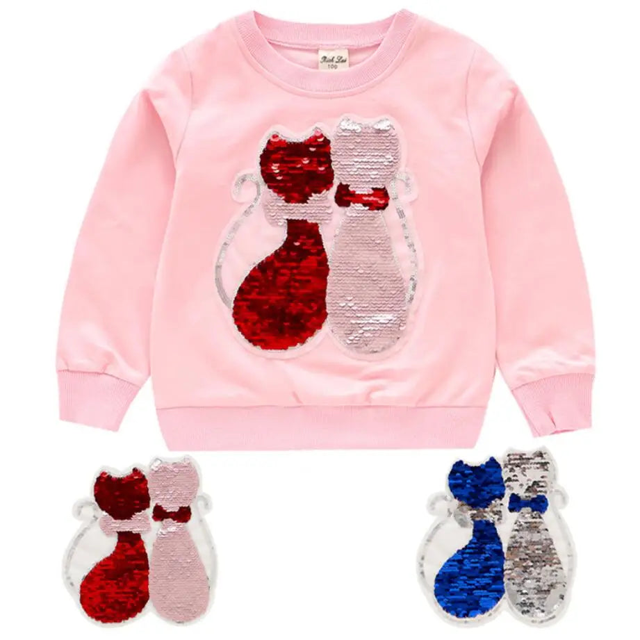 Cute Cat Baby Girls Hoody Sweatshirt Toddler Kids Cotton Sequins Cartoon Sweater Children Spring Autumn Clothes Tops