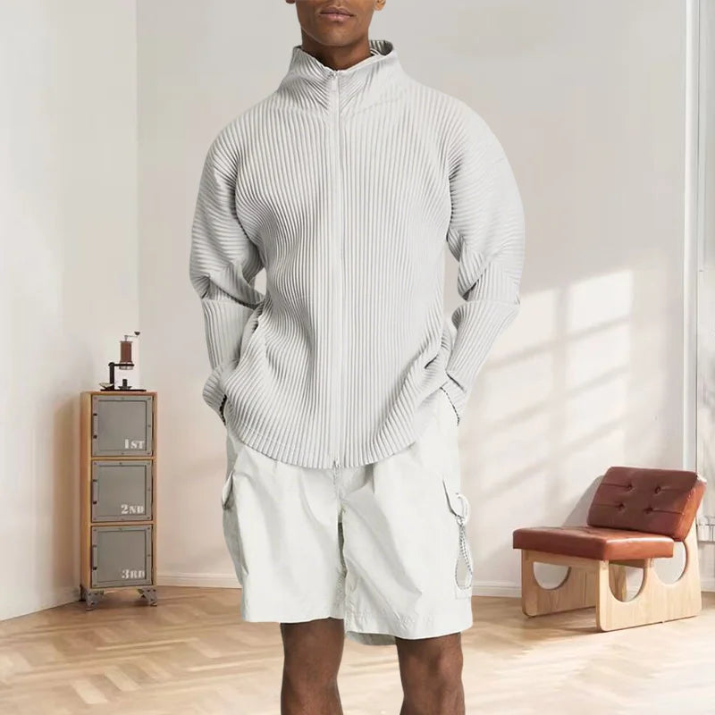 Miyake Men's Pleated Jacket Long Sleeve Standing Collar Fold Jacket Coat High Collar Zip Sweatshirt 2025 Spring Summer New Tops