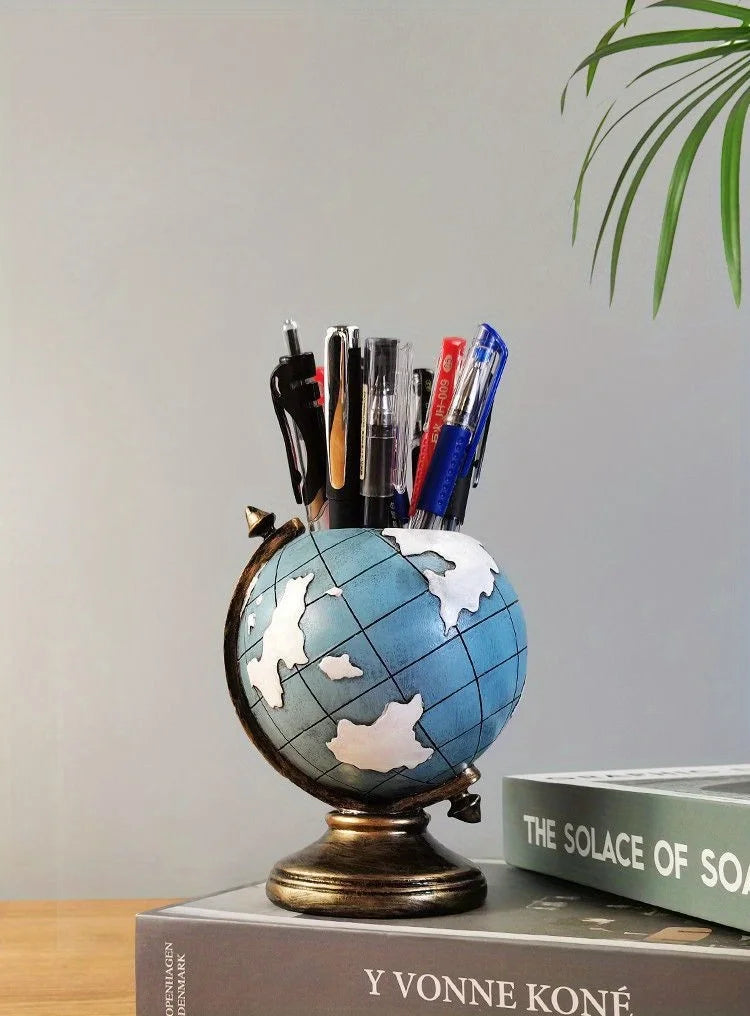Creative Globe Pen Holder Resin Desk Organizer for Office and Home Decor Unique Geographic Pen and Pencil Storage