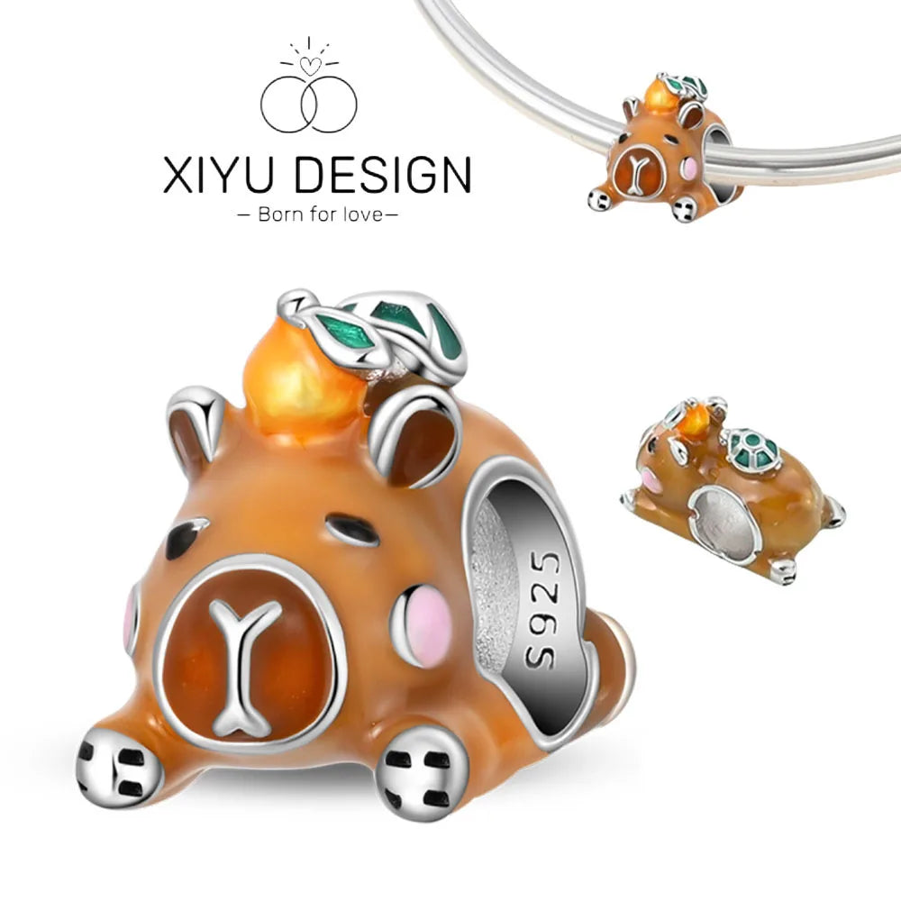 Cute Pet Series Capybara Couples Charms Eat Fruit Beads Fit DIY 925 Silver Bracelet Necklace Women Anniversary Jewelry Gift