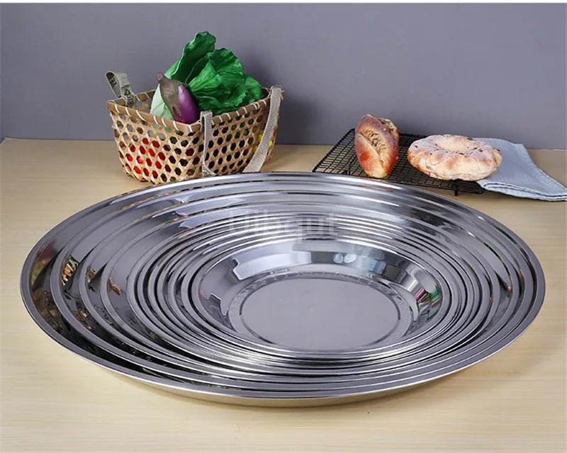 Thick Stainless Steel Plate round Large Disc Flat Bottom Shallow tray Extra Large Fish Head fruite meat Plate Restaurant Hotel