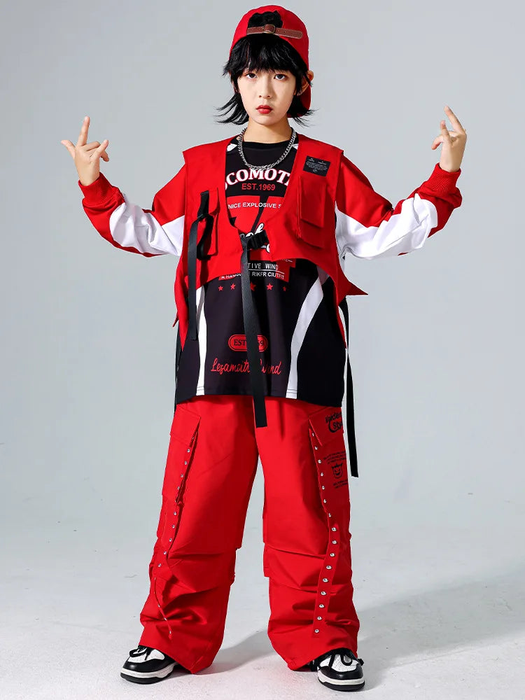Boys Hip Hop Cool Sweatshirt Vest Cargo Pants Girls Fashion Jazz Street Dance Costume Children Clothes Set Kids K-pop Streetwear