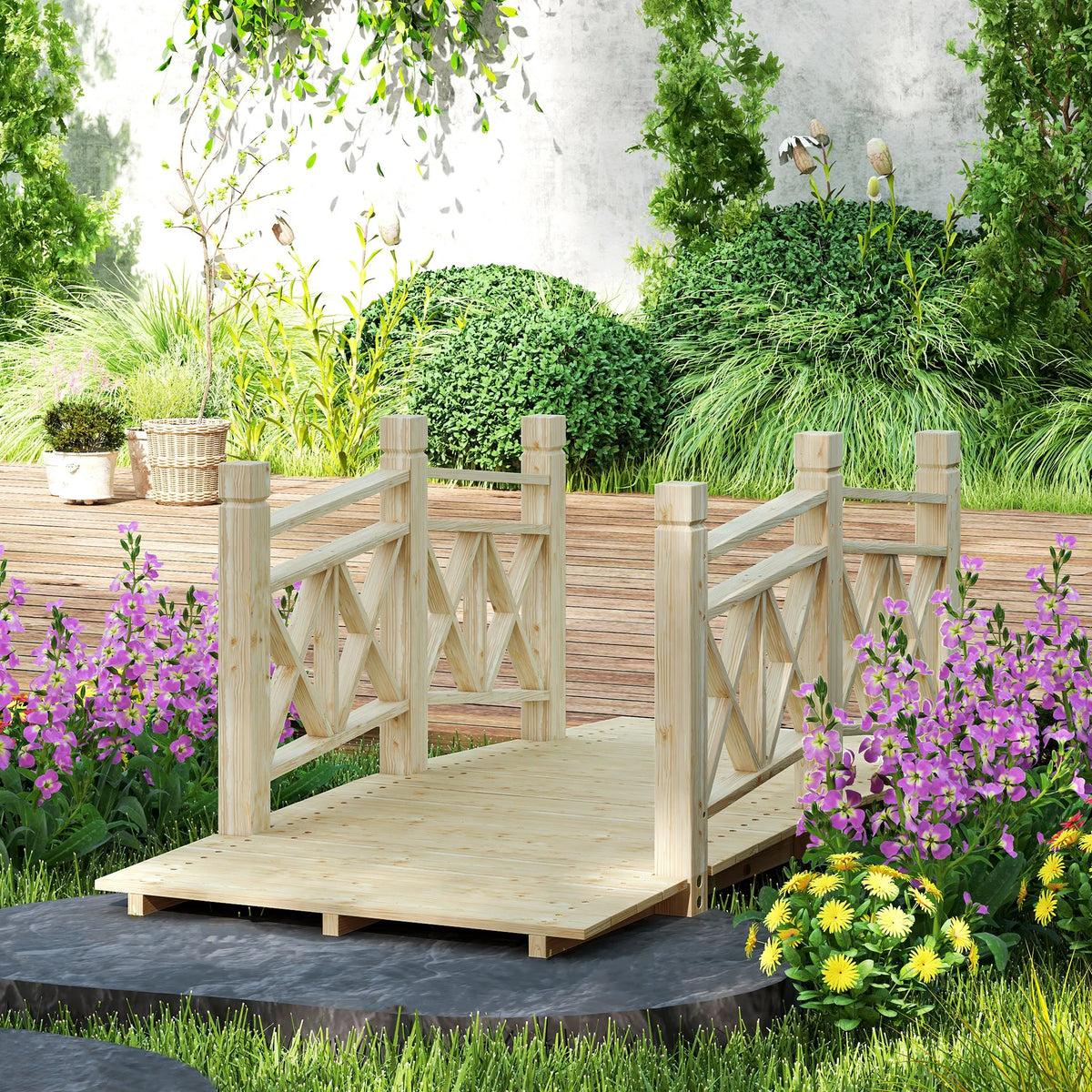 5 ft. Wood Garden Bridge with Safety Handrails Backyard