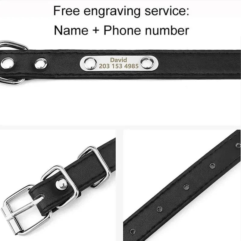 Personalized Name Carved Dog Collar ID Tag  Anti-lost Solid PU Leather Collar For Small Medium Large Dogs Puppy Cat Pet Supplies