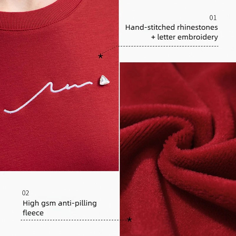 Amii Woman Sweatshirts 2025 Winter New Loose Warm Long Sleeve Female Sweatshirt Embroidery Pullover O-Neck Top Female 12524025