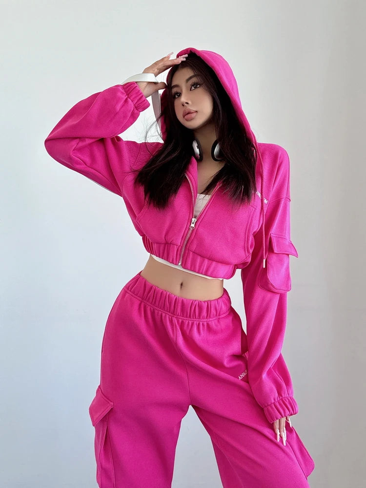 WOMENGAGA Short Zipper Sweatshirt Large Pocket Wide Leg Pants Two Piece Casual Plush Set For Winter Women Fashion Sweet 2PTB