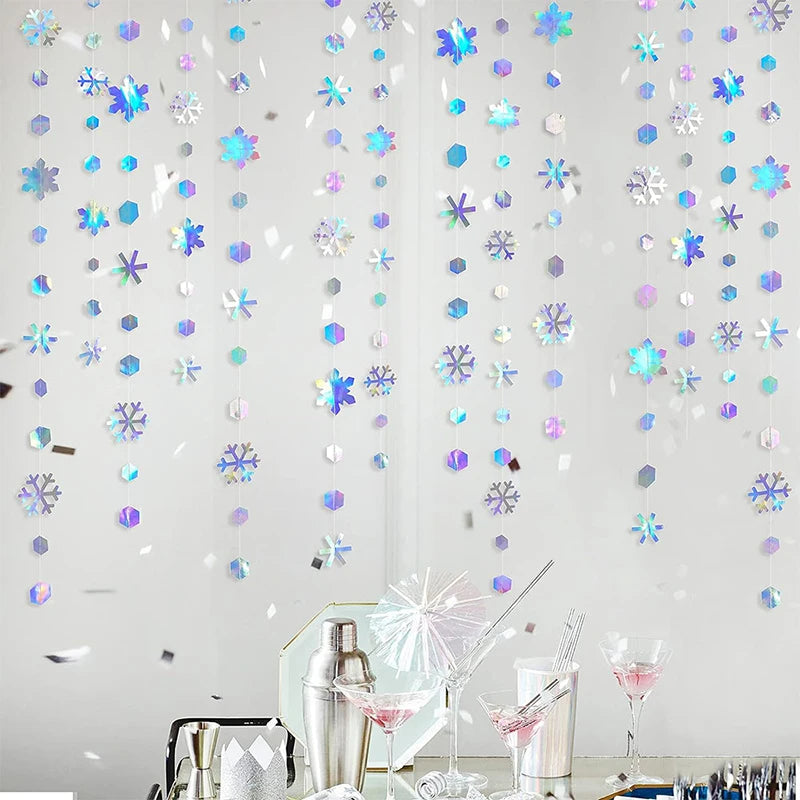 4M Iridescent Christmas Hanging Snowflakes Decor Garlands Winter Wonderland  Paper Snowflake Streamer Birthday Party Supplies ﻿