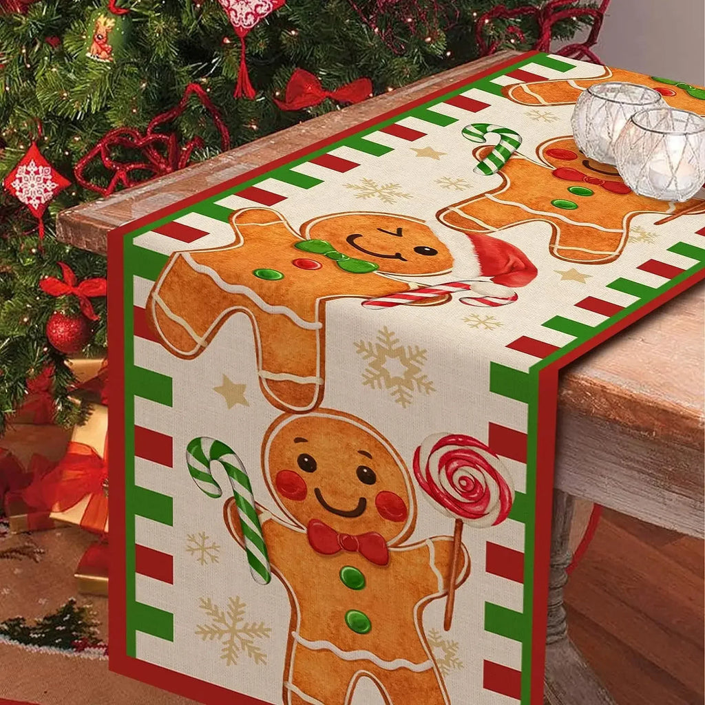 Christmas Gingerbread Man Linen Table Runners Kitchen Table Decor Xmas Santa Snowflake Dining Table Runners Christmas Decoration