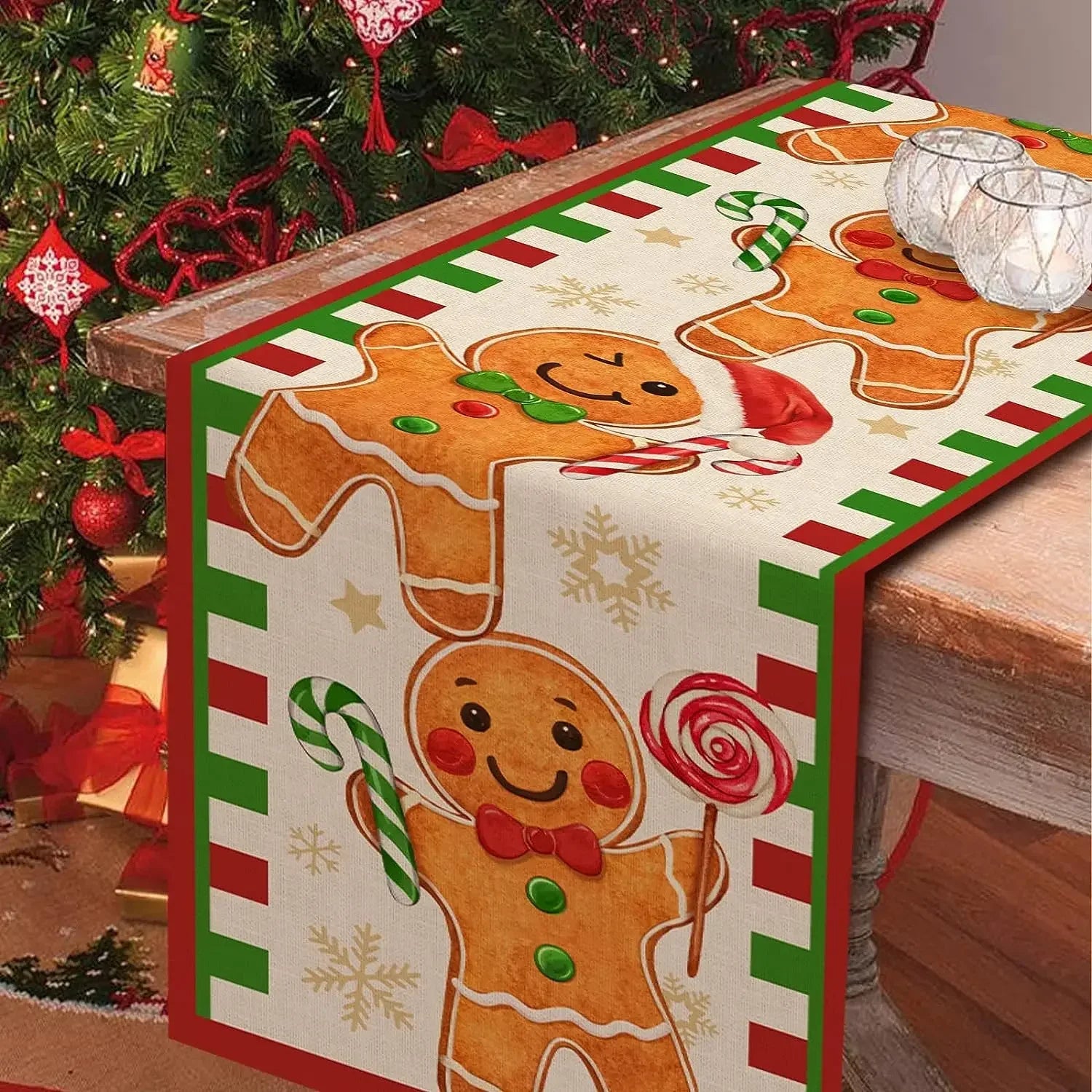 Christmas Gingerbread Man Linen Table Runners Kitchen Table Decor Xmas Santa Snowflake Dining Table Runners Christmas Decoration