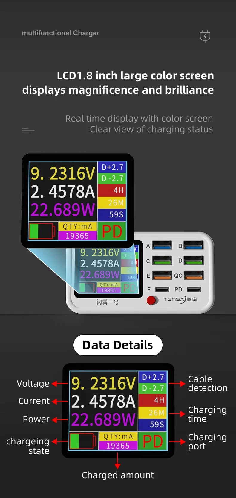 Multi-function Dianba NO.1 Pro 200W 20V 5A PD QC3.0 Fast Wireless Charger 8 Port USB Type C Mobile Phone Charger Desktop Hub
