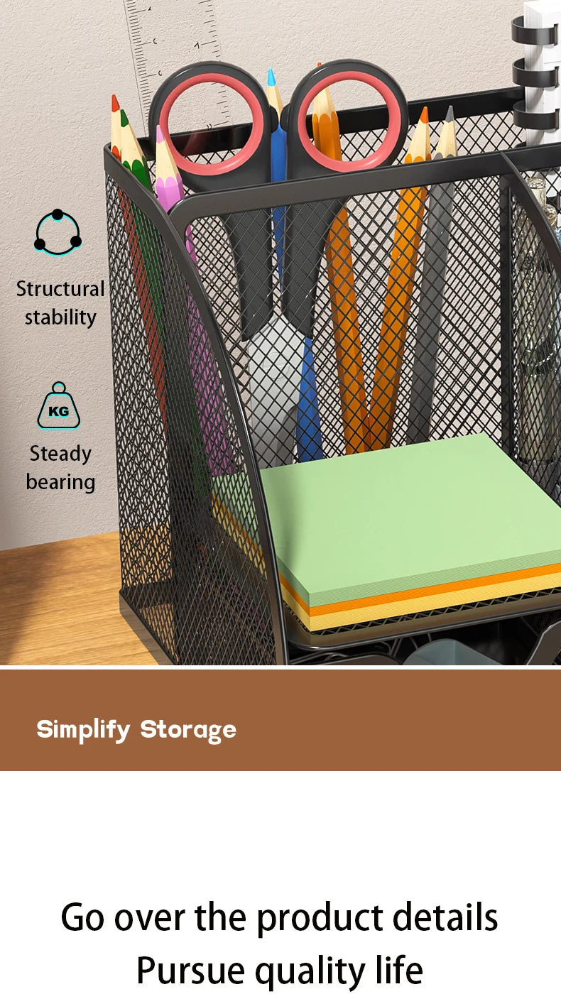 Mesh Desk Organizer Office with 7 Compartments with Drawer Desk Tidy Candy Pen Holder Multifunctional Organizer