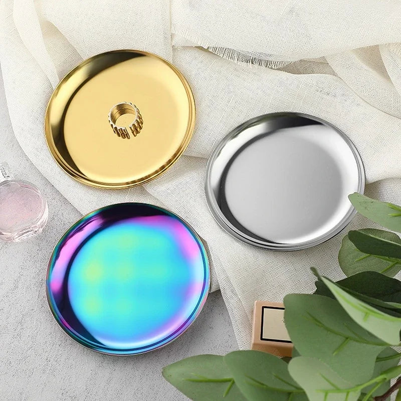 Colorful Metal Trays 10cm Round Stainless Steel Shallow Plates Vacuum Plating Jewelry Holder Desk Organizer