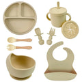 Food Grade Silicone Child Dish Set Baby Feeding Bowl Suction Plate Straw Cup Wooden Spoon Fork for Kids Tableware Toddler Dishes