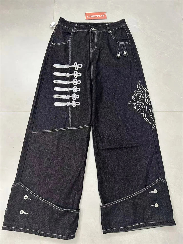 Men's Button Decoration Y2K Jeans Punk Style Pants High Waist Wide