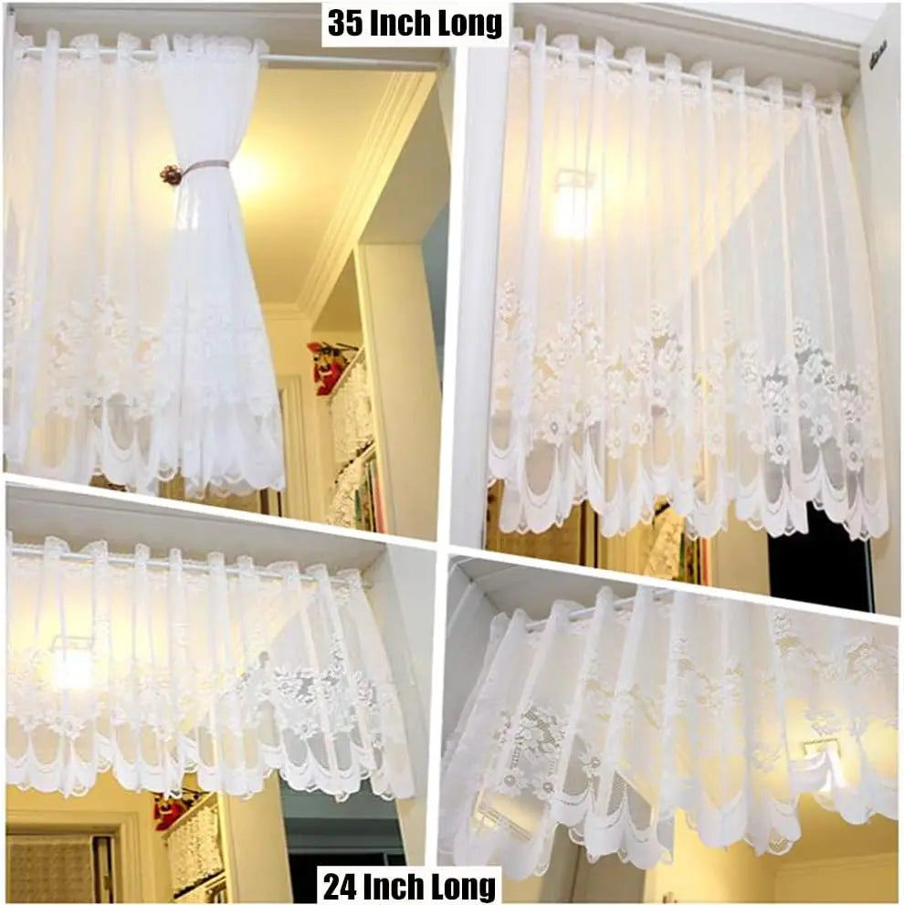 1pc White Lace Sheer Curtains Dining Room Kitchen Cafe Voile Valance Short Curtain Window Treatment Door Curtain Drapes