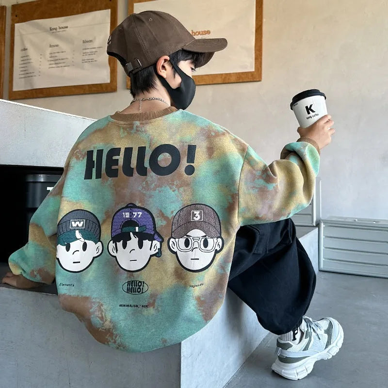 Boys' Mid-Large Size 2025 New Autumn-Winter & Spring-Autumn Long Sleeve Fleece-Lined Thickened Stylish Sweatshirt
