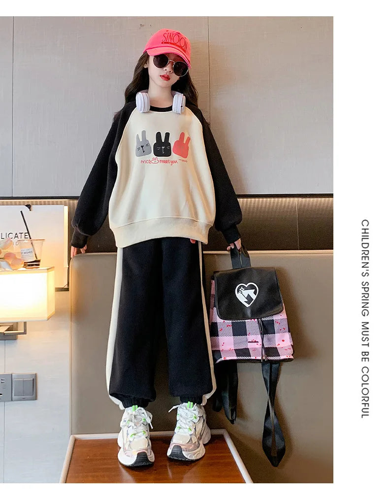 Girls Cotton Contrast Cartoon Alphabet Loose Sweatshirt+Sweatpant School Kids Tracksuit Child Jogger Outfit Workout Sets 5-16Yrs