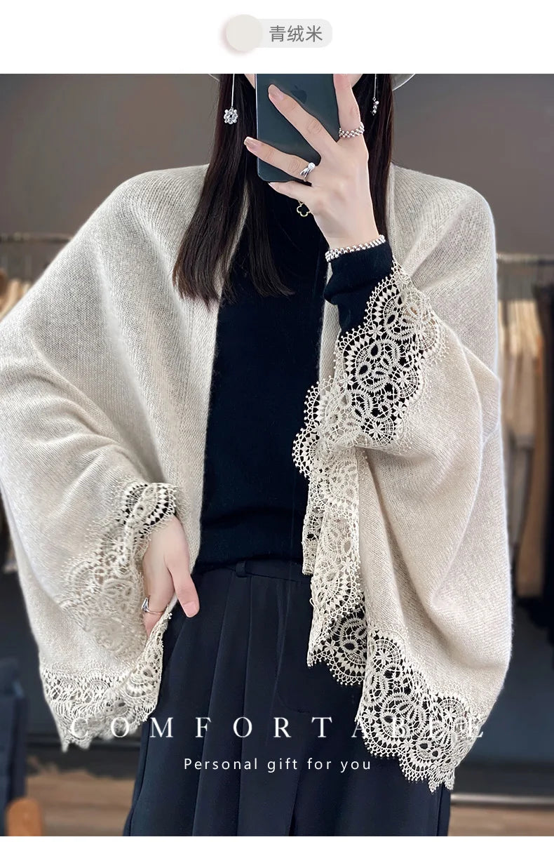 Popular Lace Edge 100% Wool Knitted Shawl Spring Autumn Thin Women's Soft, Skin friendly, Breathable, and Fashionable Cardigan