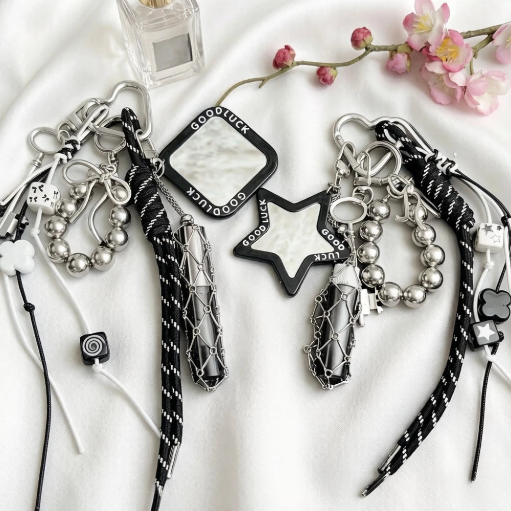 Y2K Good Luck Mirror Keychain Silver Metal Lipstick Holder Star