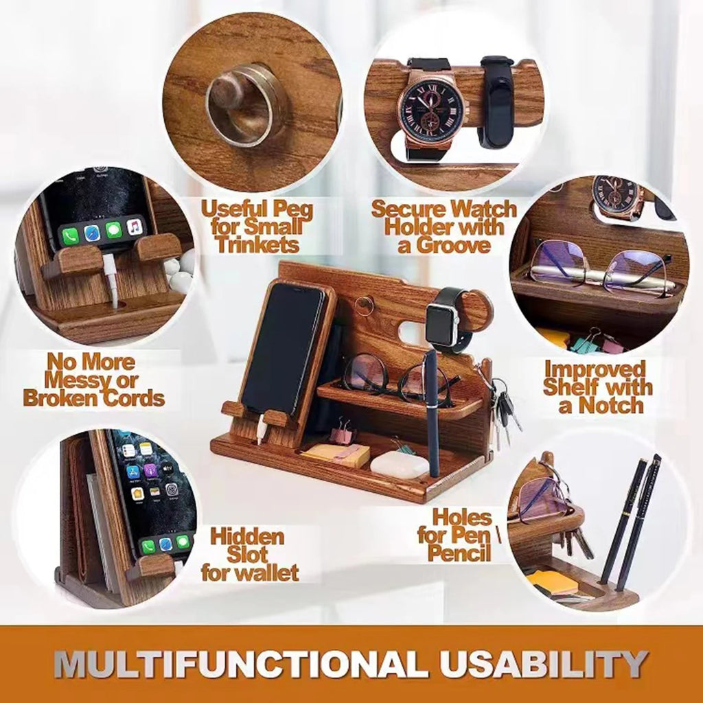 Wood Phone Docking Station Fathers Gift Nightstand Desk Organizer Gifts for Birthday Xmas Gifts Key Holder Wallet Stand