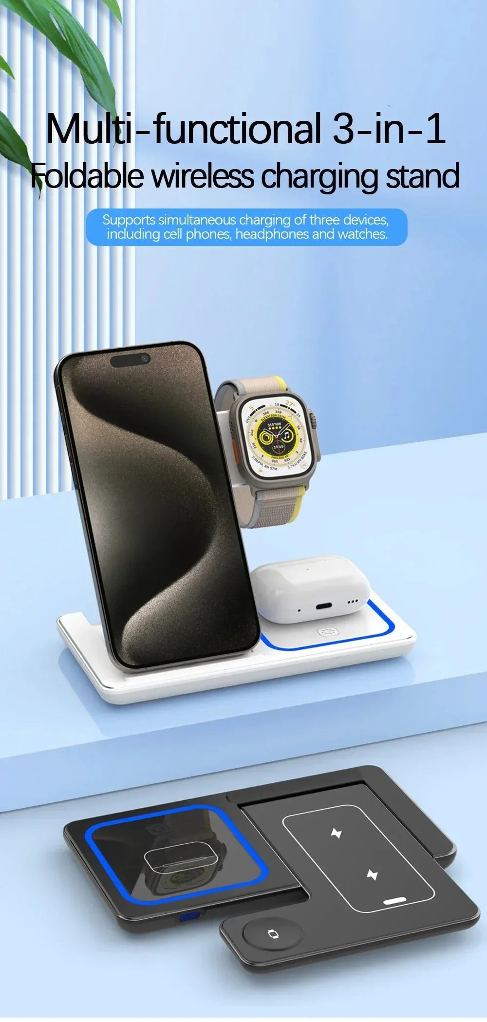 3 in 1 Wireless Charger Stand 30W LED Foldable Wireless Charger For iPhone 16 15 Pro Max iWatch 8 7 Airpods Charge Dock Station