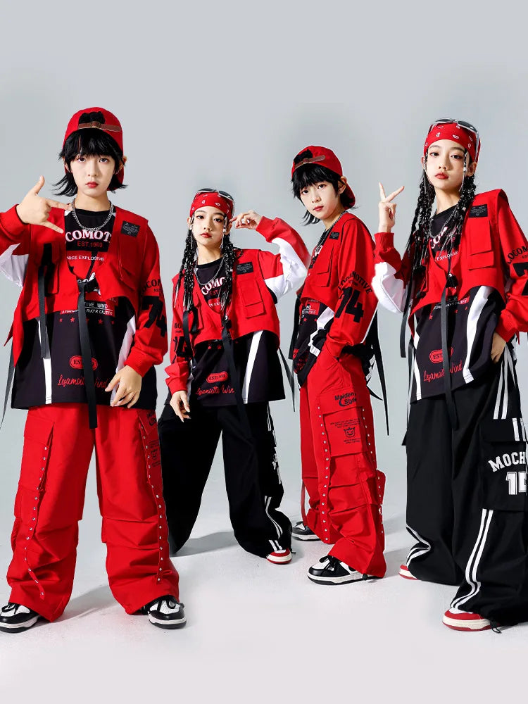 Boys Hip Hop Cool Sweatshirt Vest Cargo Pants Girls Fashion Jazz Street Dance Costume Children Clothes Set Kids K-pop Streetwear