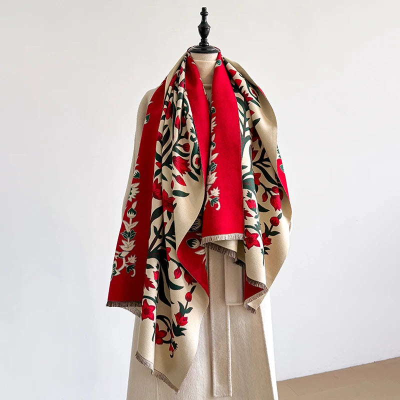 Women's Winter Luxury Thick Warm Pashmina Wrap Imitation Cashmere Scarf with Striped Jacquard Design for Casual Wear