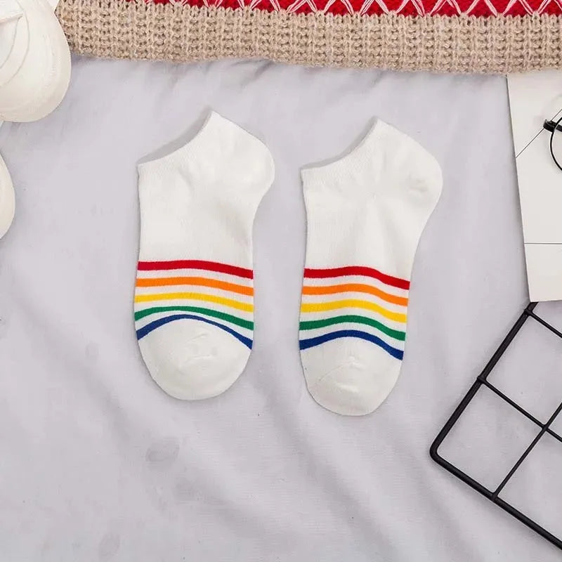 Harajuku cute rainbow ankle socks ladies funny kawaii color yellow white black cotton socks girls