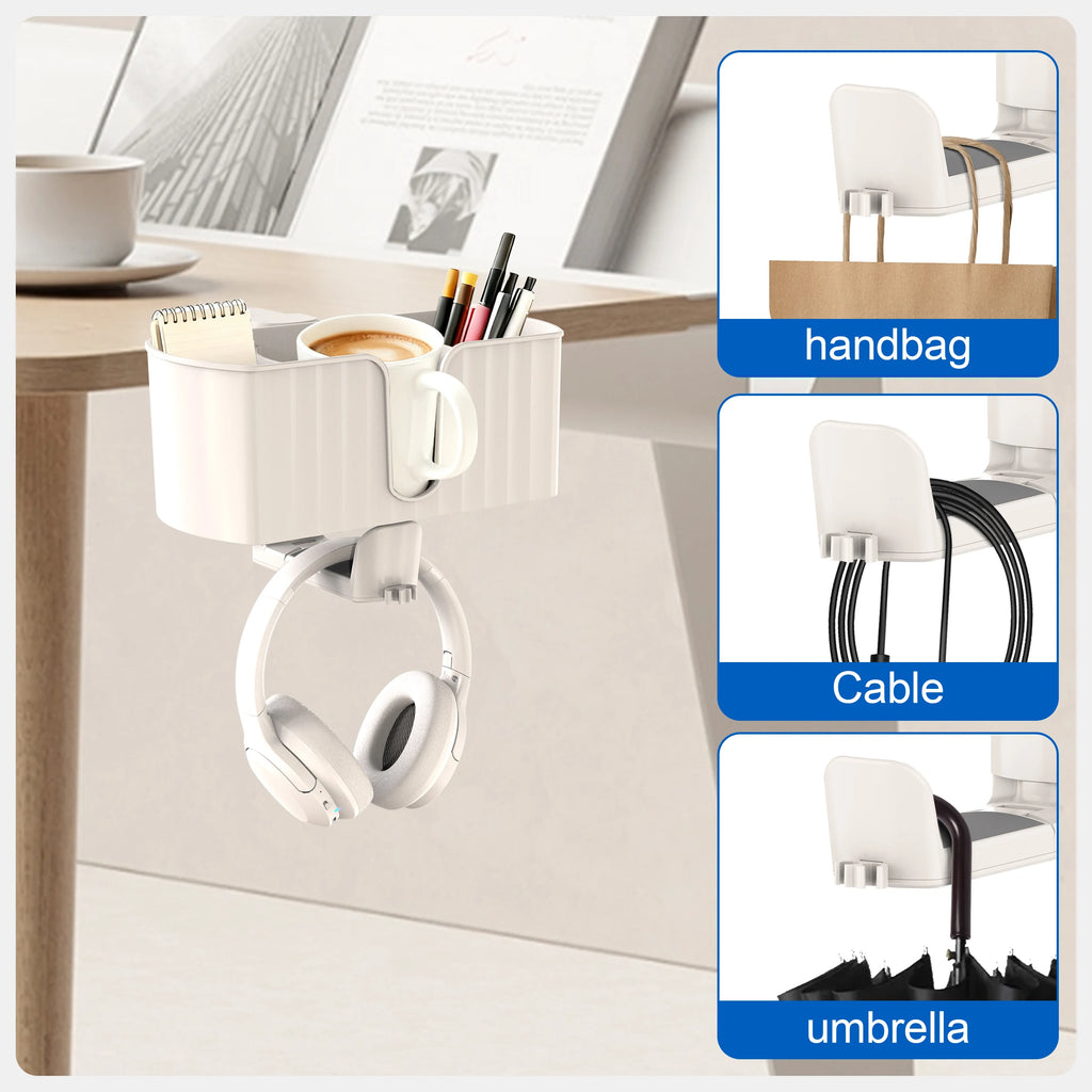 4-in-1 Desk Organizer - Under Desk Cup Holder and Headphone Hanger with 2 Wire Holes - Rotating Hanger，for Cup, Phone and Pen