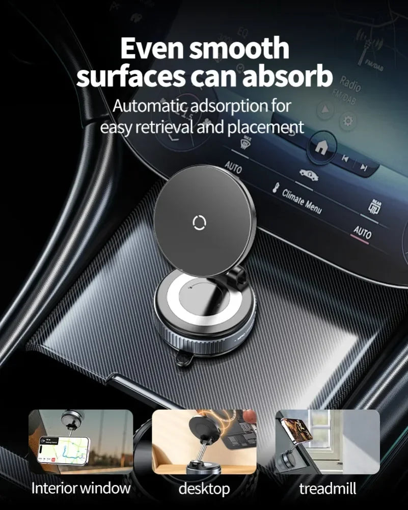 Car Magnetic Wireless Charger Phone Holder & 360° Rotation Vacuum Suction Cup Stand For iPhone 16 15 14 13 12 Fast Charging Dock