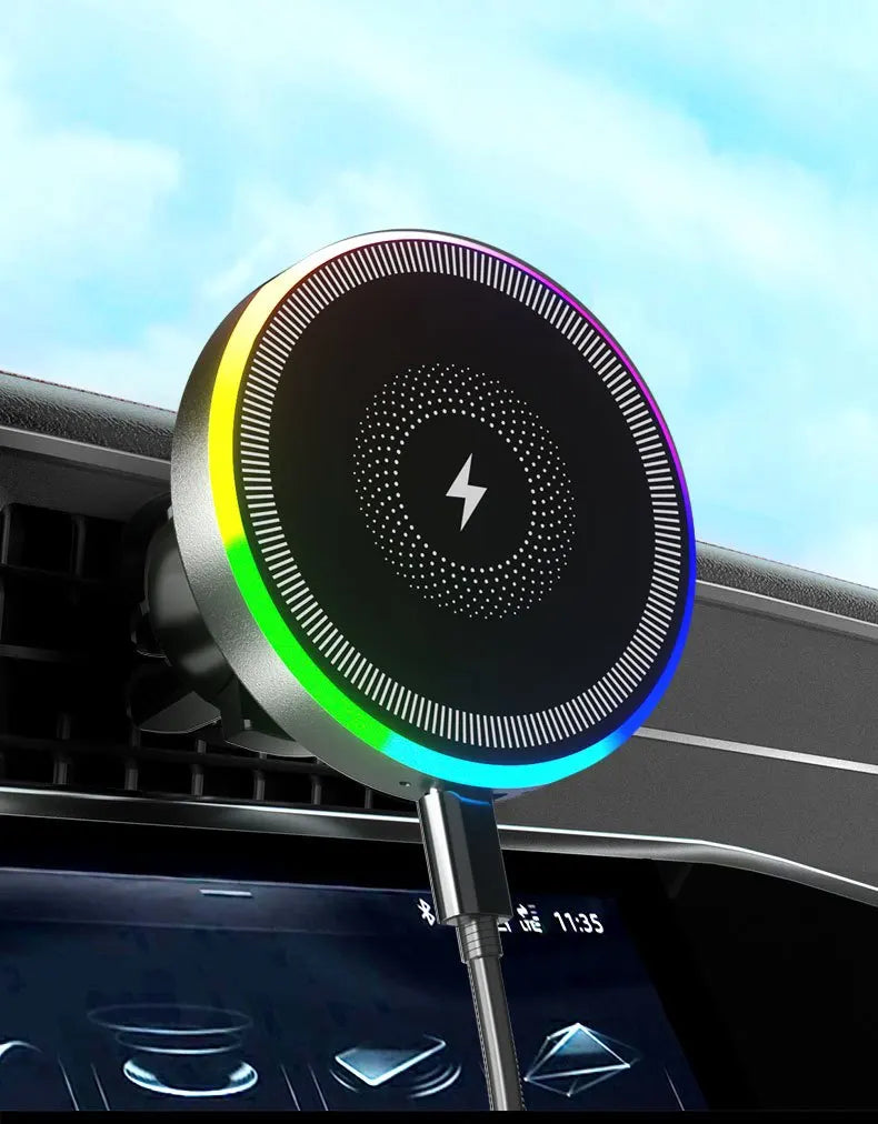 Car Magnetic Wireless Charger Air Vent Bracket Clip Phone Holder Stand RGB Light For iPhone 16 15 14 13 12 Pro Max Fast Charging
