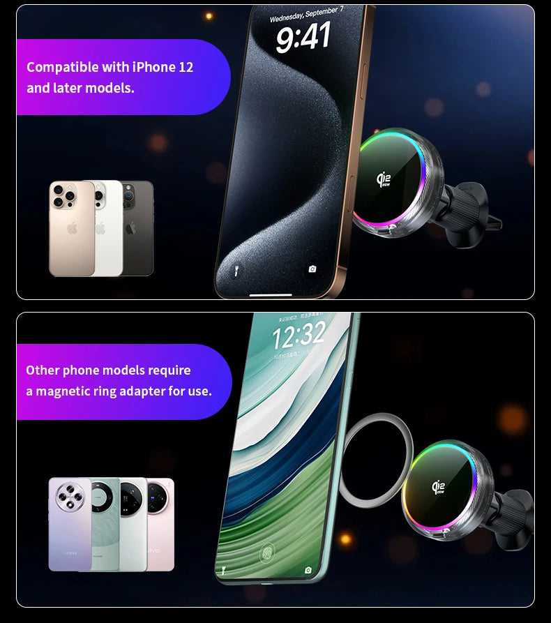 Air Cooling Car qi2 25W Magnetic Wireless Charger RGB Light  Phone Holder For Magsafe iPhone 17 16 15 14 13 12 Fast Charging