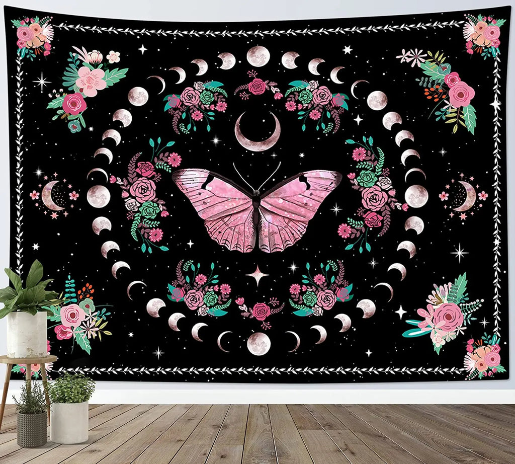 Butterflies and Moths Tapestry Black and White Flower Tapestry Wall Hanging Beach Blanket Romantic Bedroom Dorm Home Decor