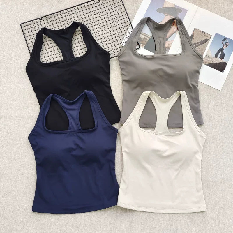 Women's Square Neck Racerback Sports Bra Fixed Pads Shockproof