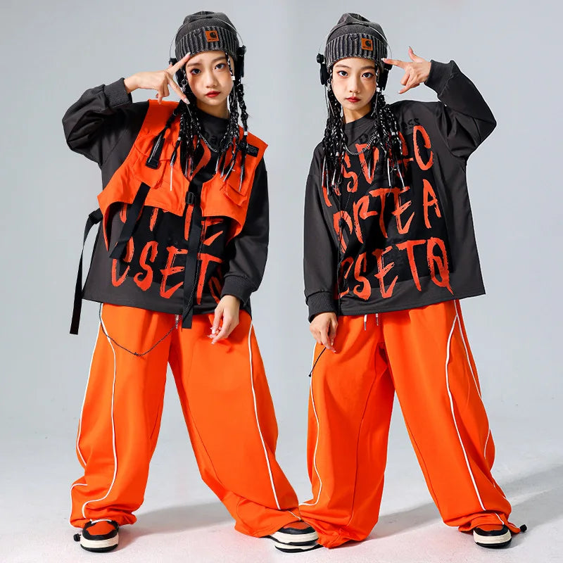 Boys Hip Hop Cool Sweatshirt Vest Cargo Pants Girls Fashion Jazz Street Dance Costume Children Clothes Set Kids K-pop Streetwear