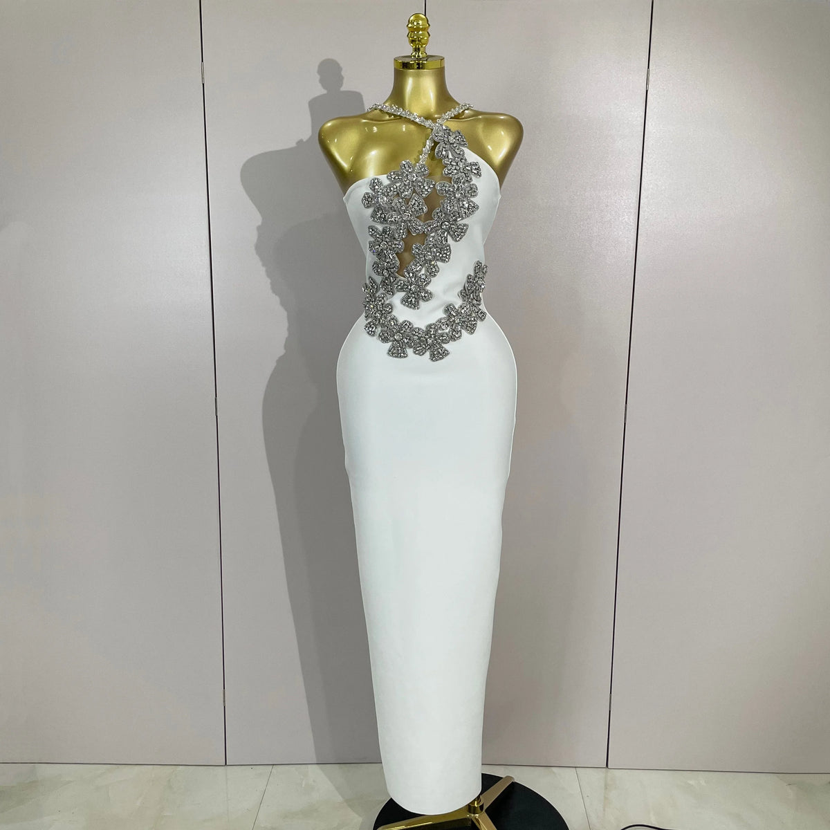 Sexy Backless Sparkly Crystal Diamonds White Bodycon Bandage Dress