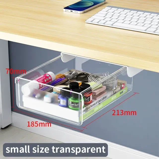 Transparent Under Desk Drawer Self Stick Hidden Storage Tray Quiet Pull Out Desk Organizer Accessory