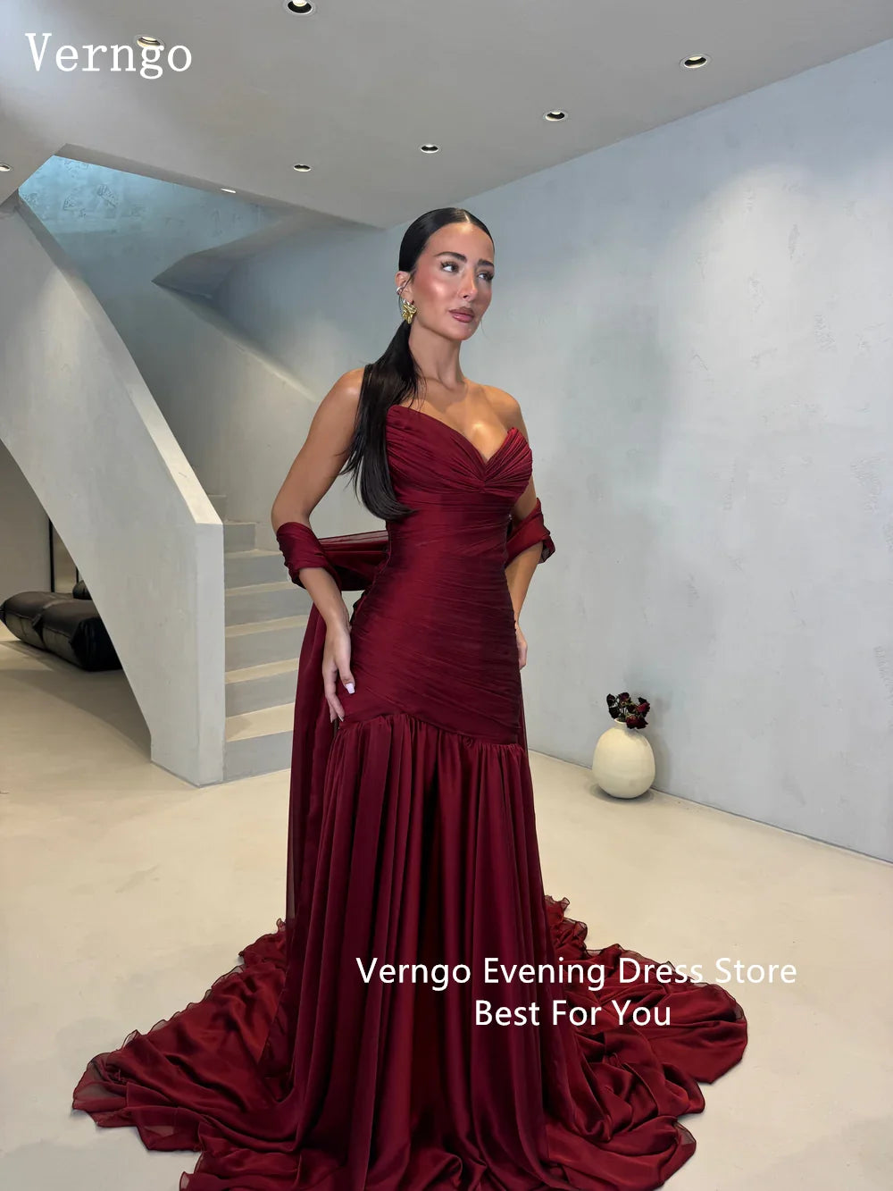 Verngo Merlot Deep Wine Red Evening Dress Draped Sweetheart Pleated Bodice Sculpts Party Dress Chiffon Shawl Prom Gowns