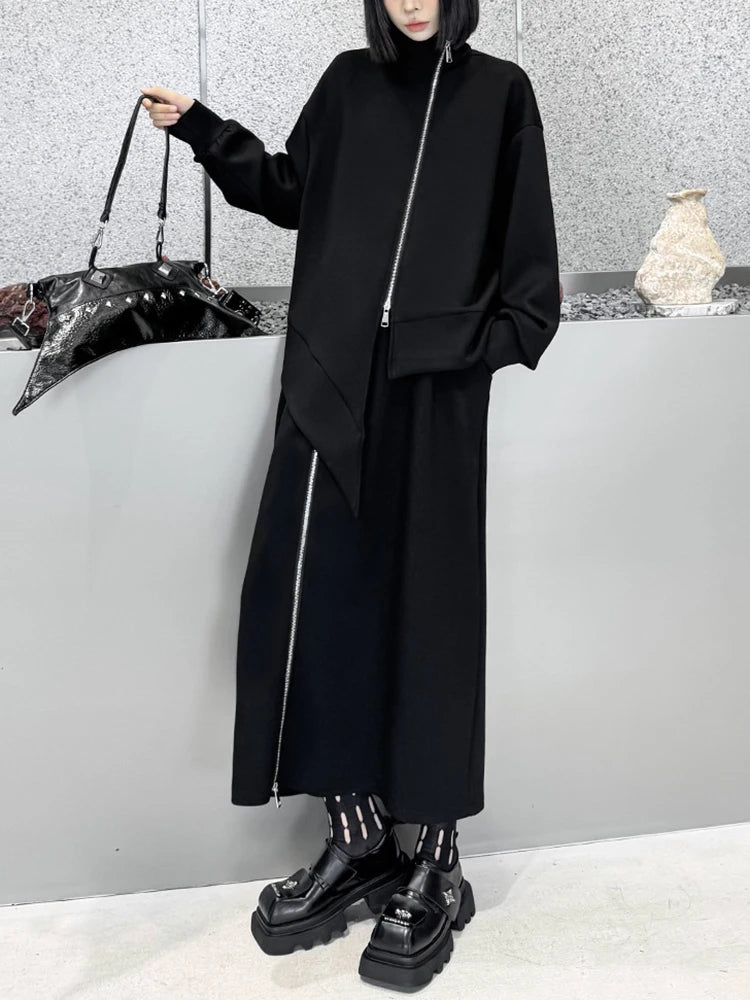 [EAM] Zipper Sweatshirt Half-body Skirt Two Pieces Suit New Turtleneck Long Sleeve Women Fashion Tide Spring Autumn 2026 1DH7237