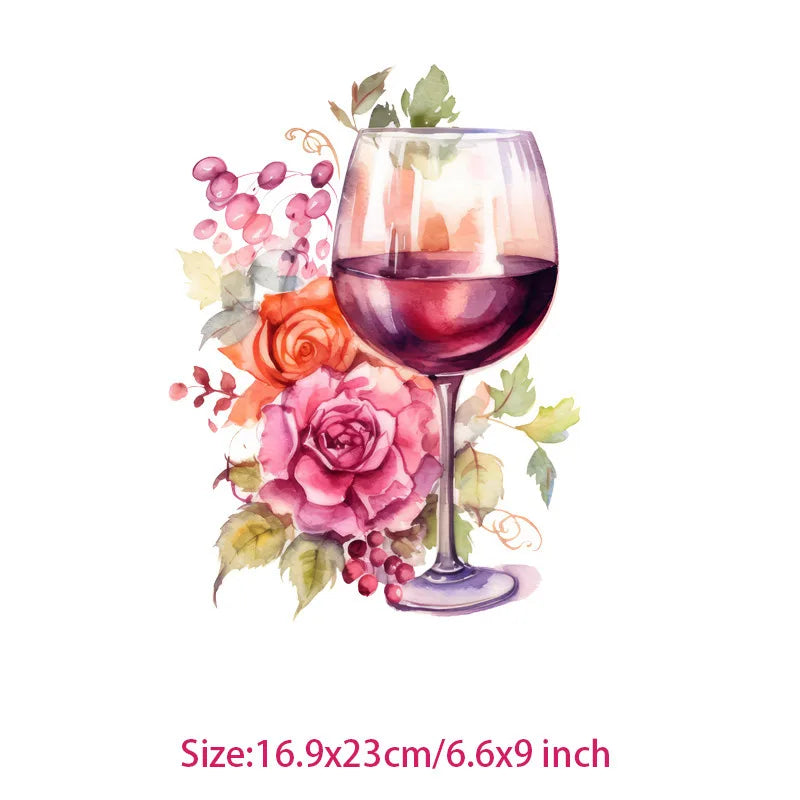 Interesting watercolor wine Glass flower Heat Transfer On Children's clothing dtf transfers ready to press iron on heat transfer